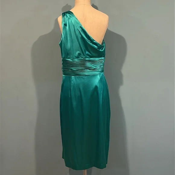 Adrianna Papell Boutique Teal Green Sheath Dress size 14 One Shoulder Satin - Picture 3 of 16